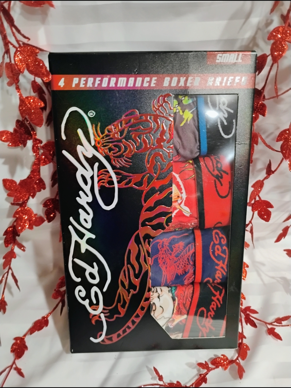 Ed Hardy 4-Pack Boxer Brief Set — Black, Red & Blue Accents